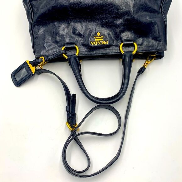 Prada Navy Blue Vitello Shine Medium 2way Shopping Tote Bag Preloved Purse - Picture 10 of 16